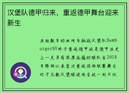 汉堡队德甲归来，重返德甲舞台迎来新生