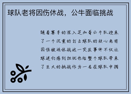 球队老将因伤休战，公牛面临挑战