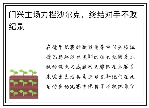 门兴主场力挫沙尔克，终结对手不败纪录